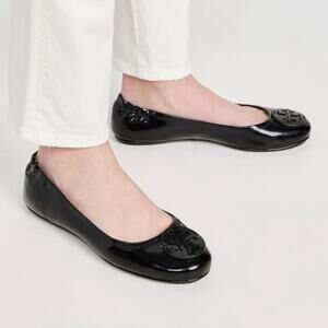 Tory Burch Reva Black Patent Leather Ballet Flats Slip-On Large Logo Worn 6.5